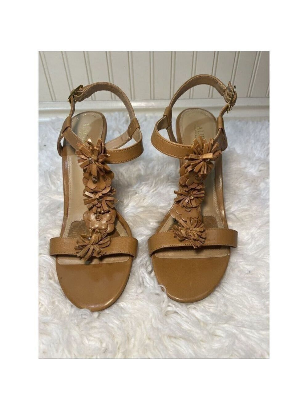 LAUREN Ralph Lauren Women’s Wedge Sandals Leather browm Flower Abia 8.5 US